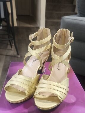 Metallic Gold Strappy Women's Heeled Sandals with Crisscross Ankle, Gold Satin.